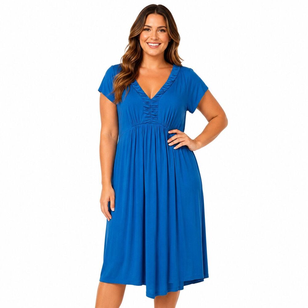 Calvin Klein Dress Womens 8 Blue Short Sleeve V Neck Ruched Fit Flare Knee